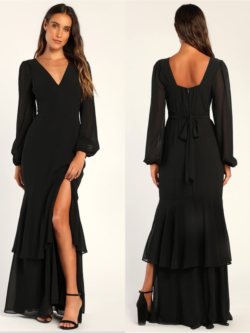 LULU’S Tier Elegance Black Long Sleeve Tiered Maxi Dress